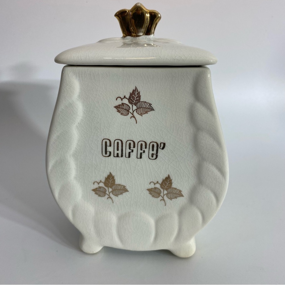 Capodimonte vintage White Ceramic Coffee Canister with Lid and Gold Accents